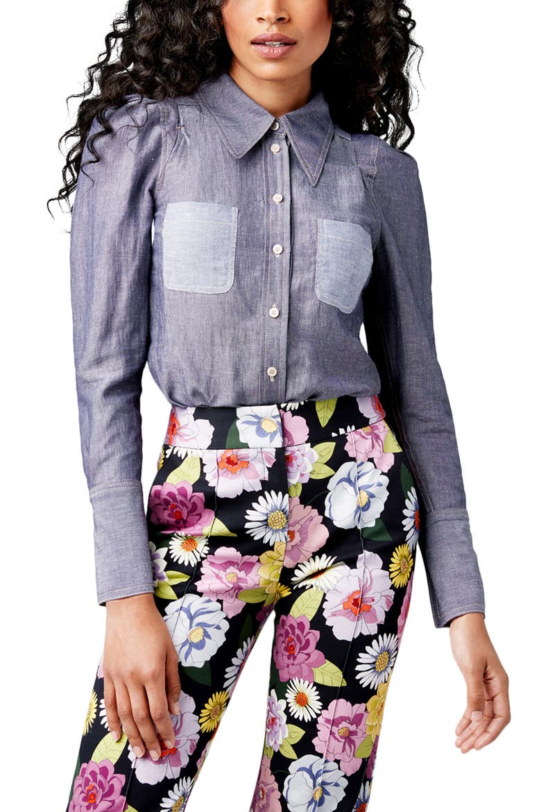 Box Pleat Point Collar Denim Shirt, Main, color, DENIM