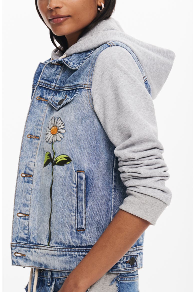 Mixed Media Denim & Cotton Fleece Hoodie, Alternate, color, BLUE