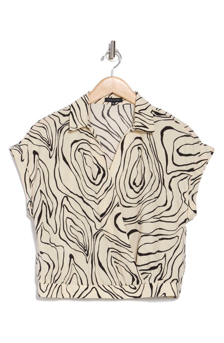 Pleione Collared Short Sleeve Faux Wrap Crop Top, Alternate, color, Ivory Black Topo Swirl