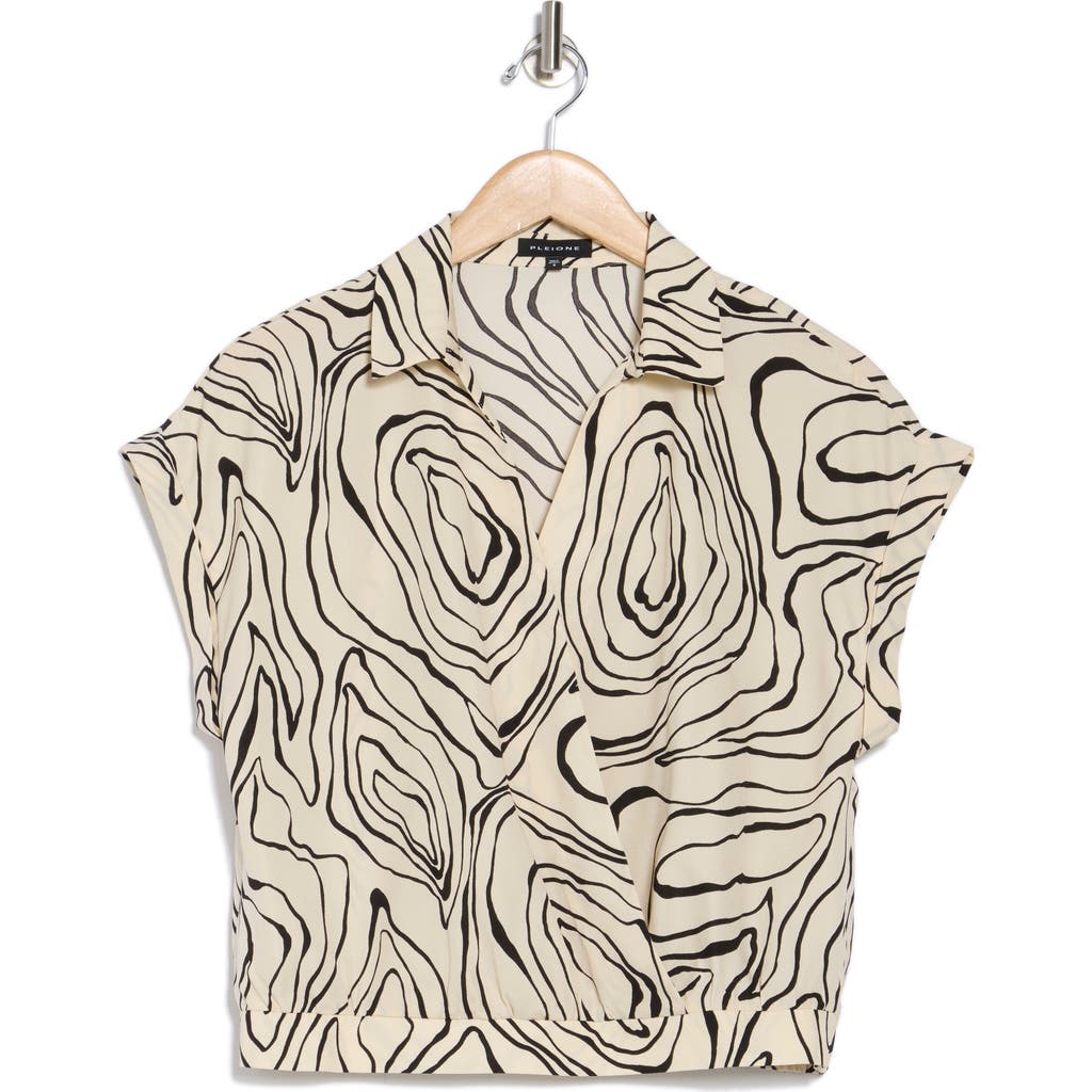 Pleione Collared Short Sleeve Faux Wrap Crop Top In Ivory Black Topo Swirl
