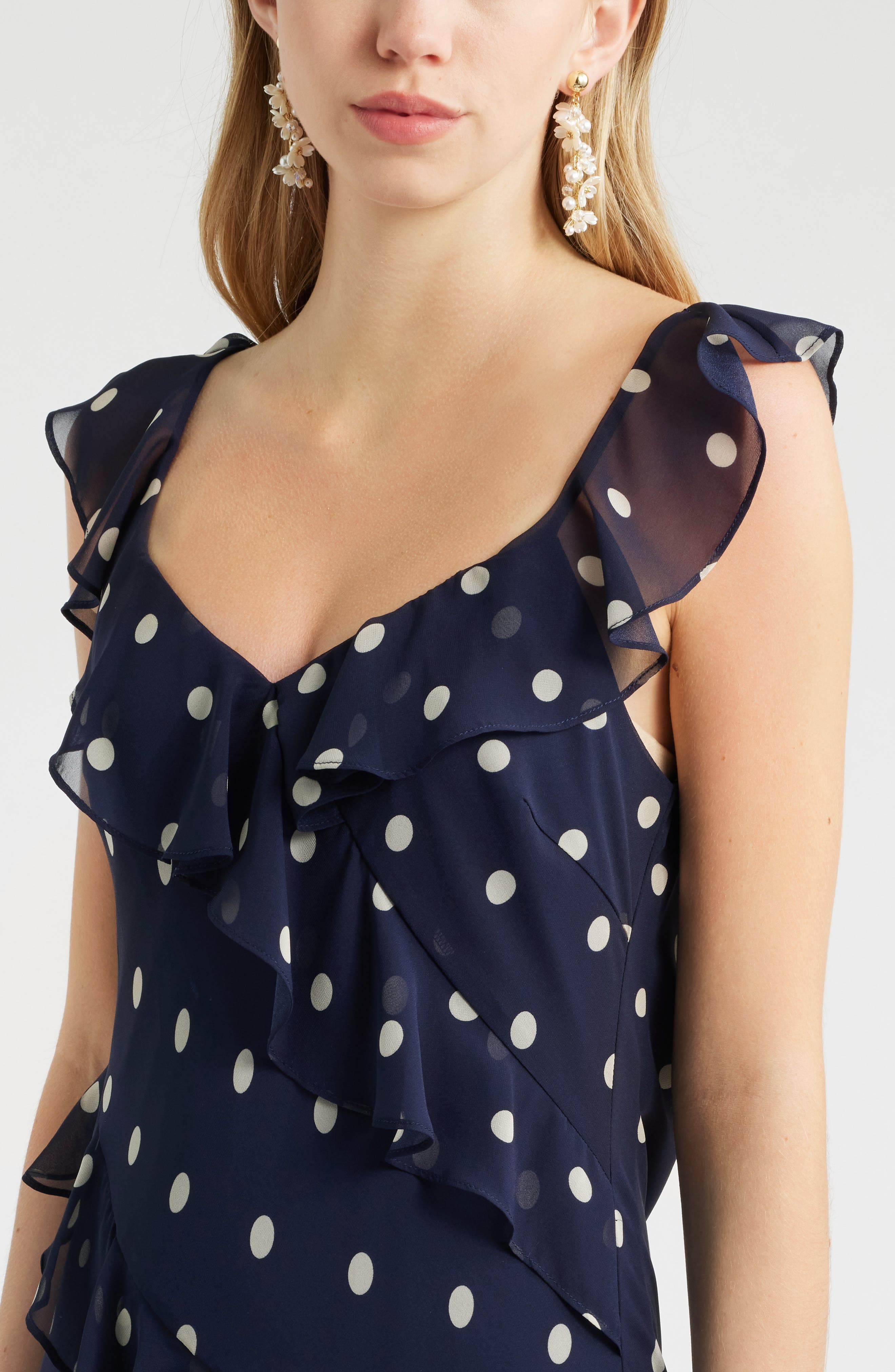 chelsea28 ruffle midi dress Chelsea28 Ruffle Midi Dress in Navy Polly Dot at Nordstrom, Size Xx-Small