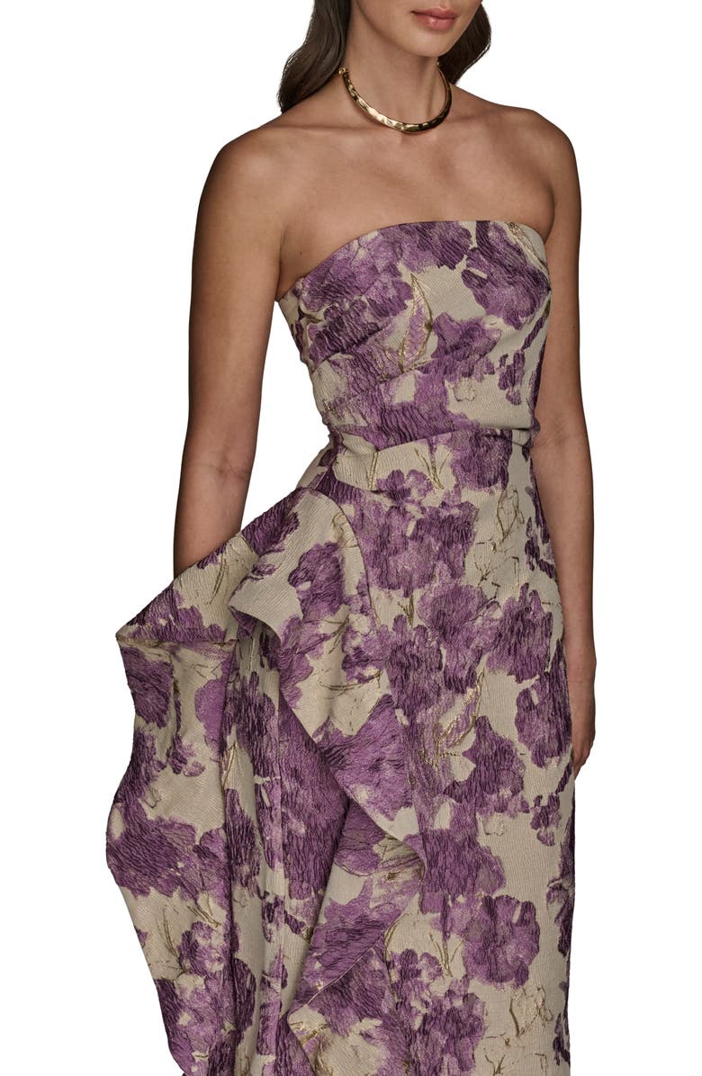 Donna Karan New York Floral Ruffle Strapless Jacquard Trumpet Gown, Alternate, color, Wisteria M