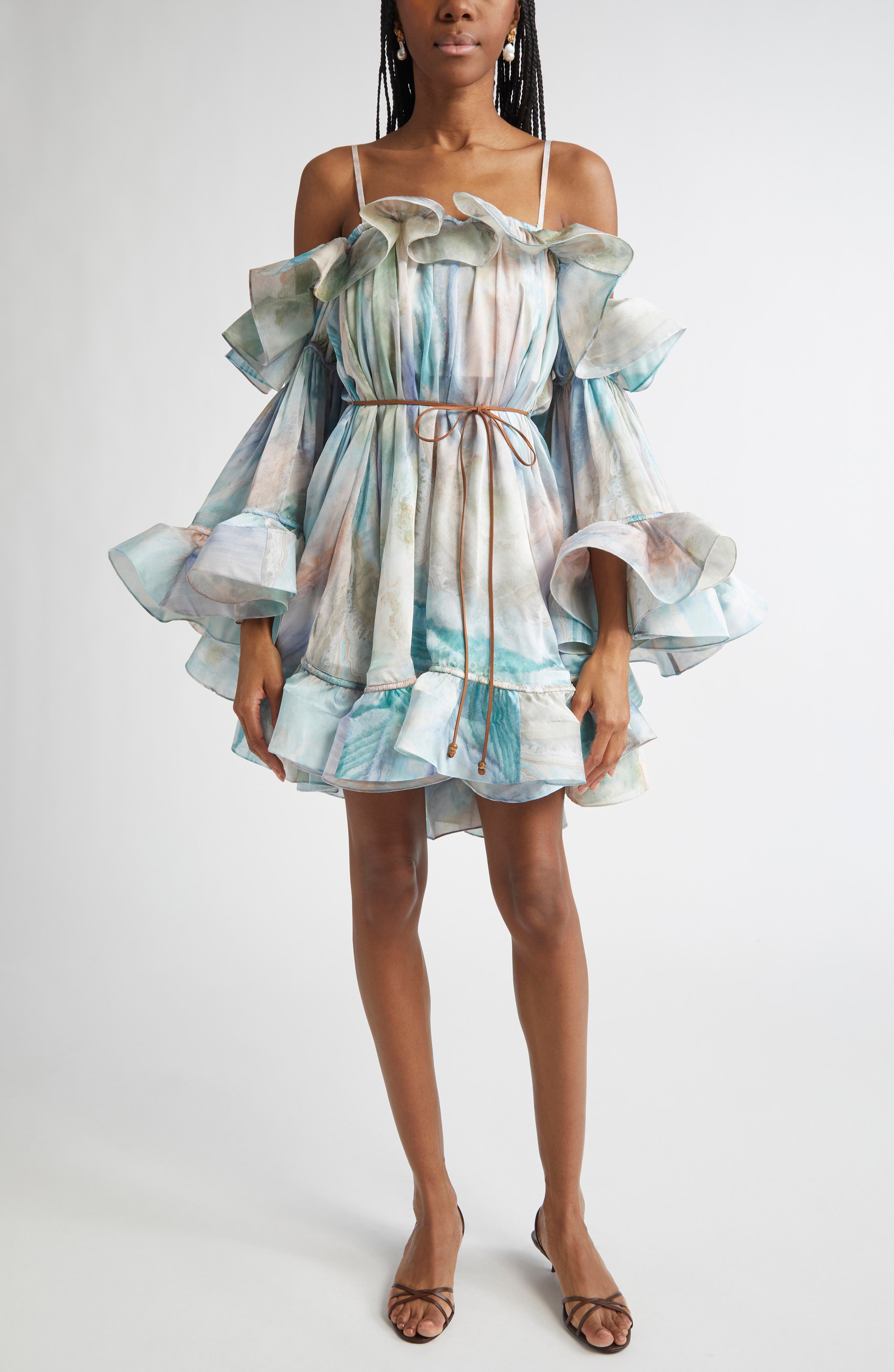 Flouncing Off Illuminate Flounce Long Sleeve Off the Shoulder Silk Organza Minidress ...
