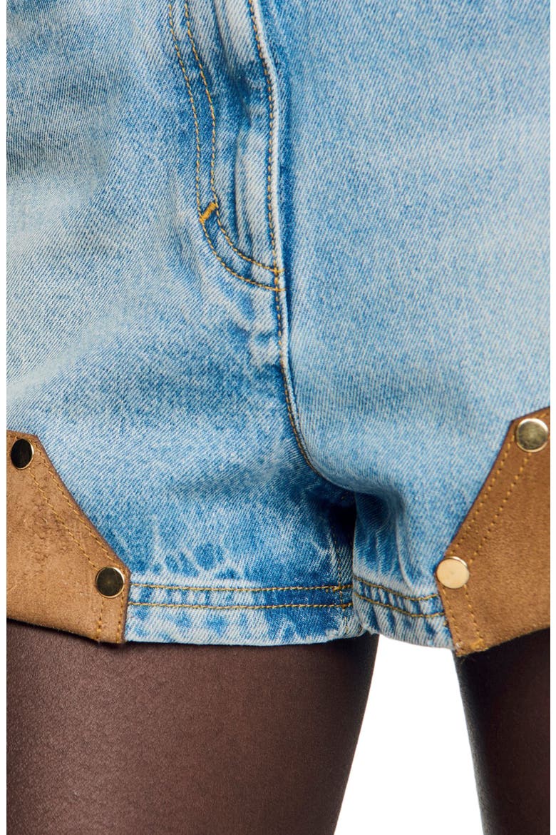 Denim and suede shorts with rivets, Alternate, color, Light bu jean