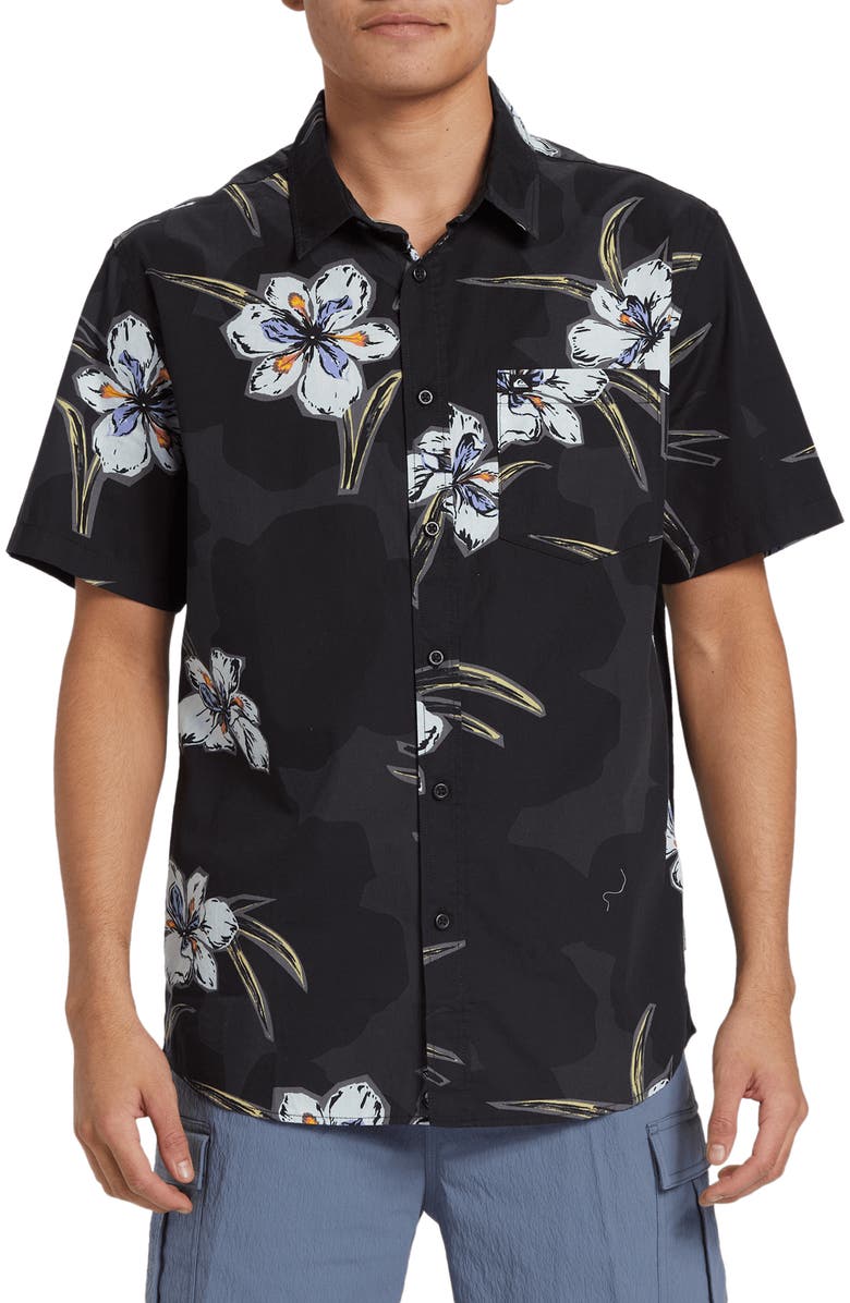 Quiksilver Apero Floral Short Sleeve Stretch Cotton Button-Up Shirt, Main, color, Black Paper