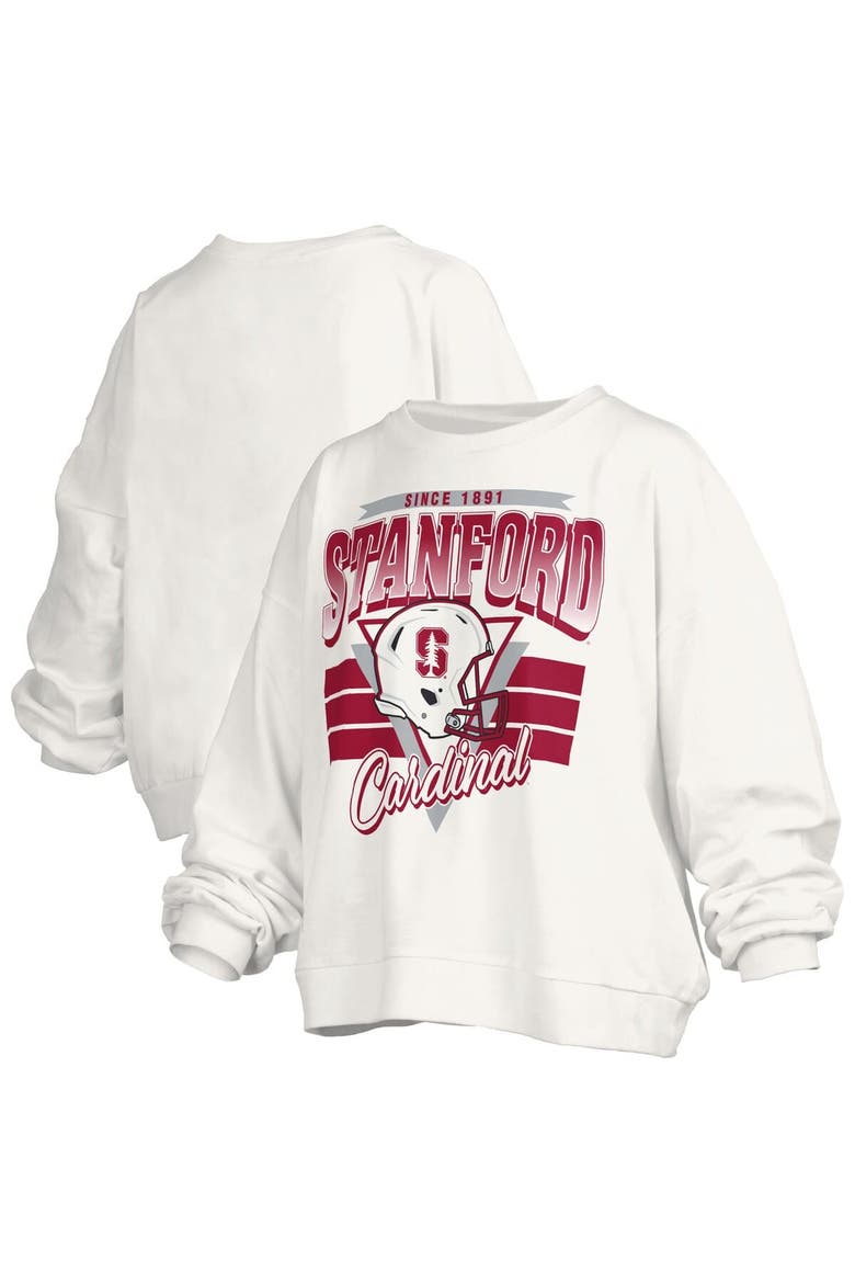 Women's Pressbox White Stanford Cardinal Oversized Janice Retro Waist-Length Pullover Sweatshirt, Main, color, White