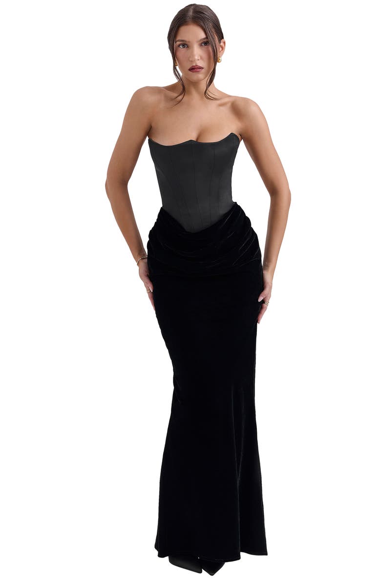 HOUSE OF CB Persephone Strapless Corset Satin & Velvet Mermaid Gown, Alternate, color, Black