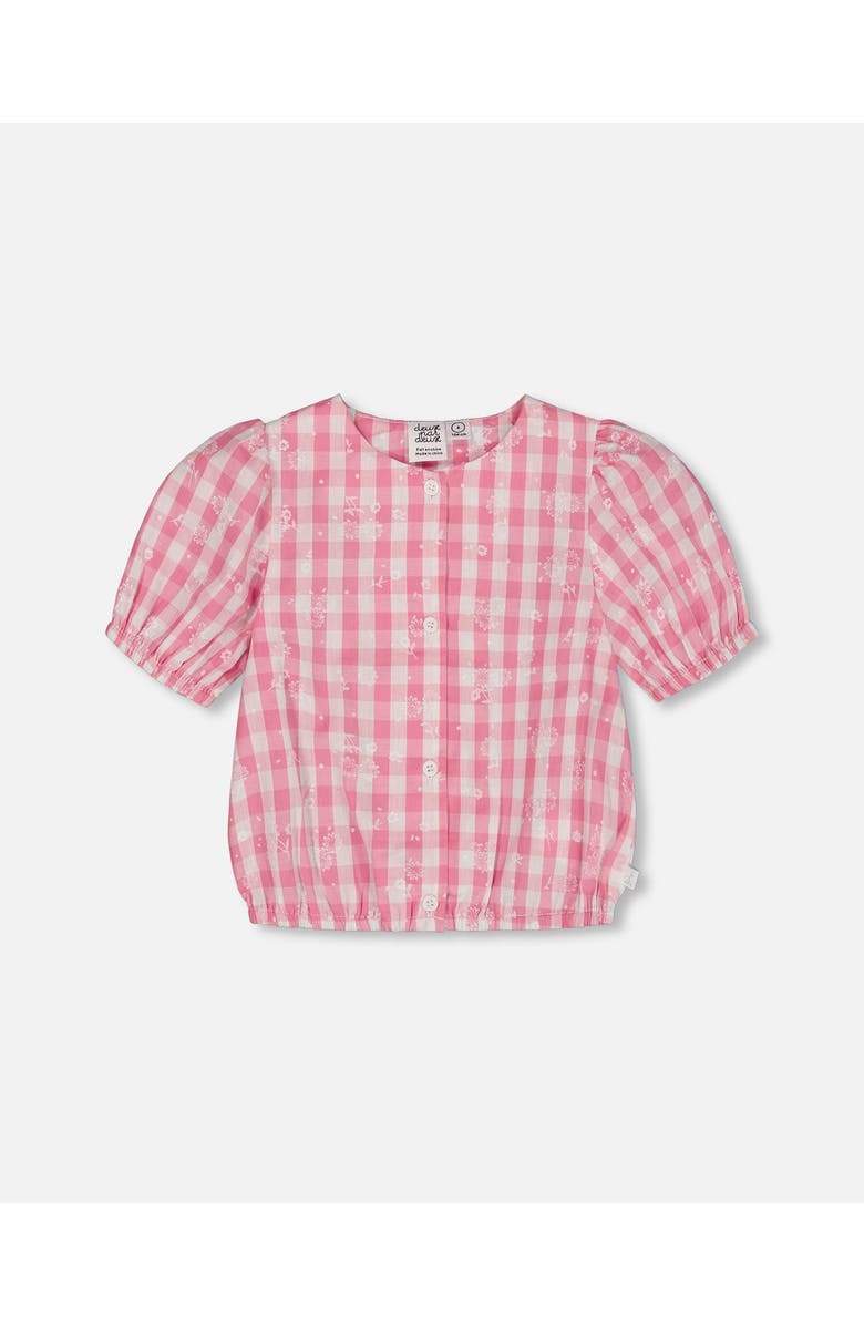 Deux par Deux Girl's Puff Sleeve Top Pink And White Checks, Main, color, 