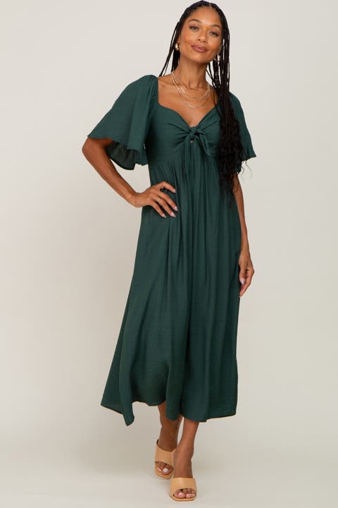 Front Tie Ruffle Sleeve Midi Dress