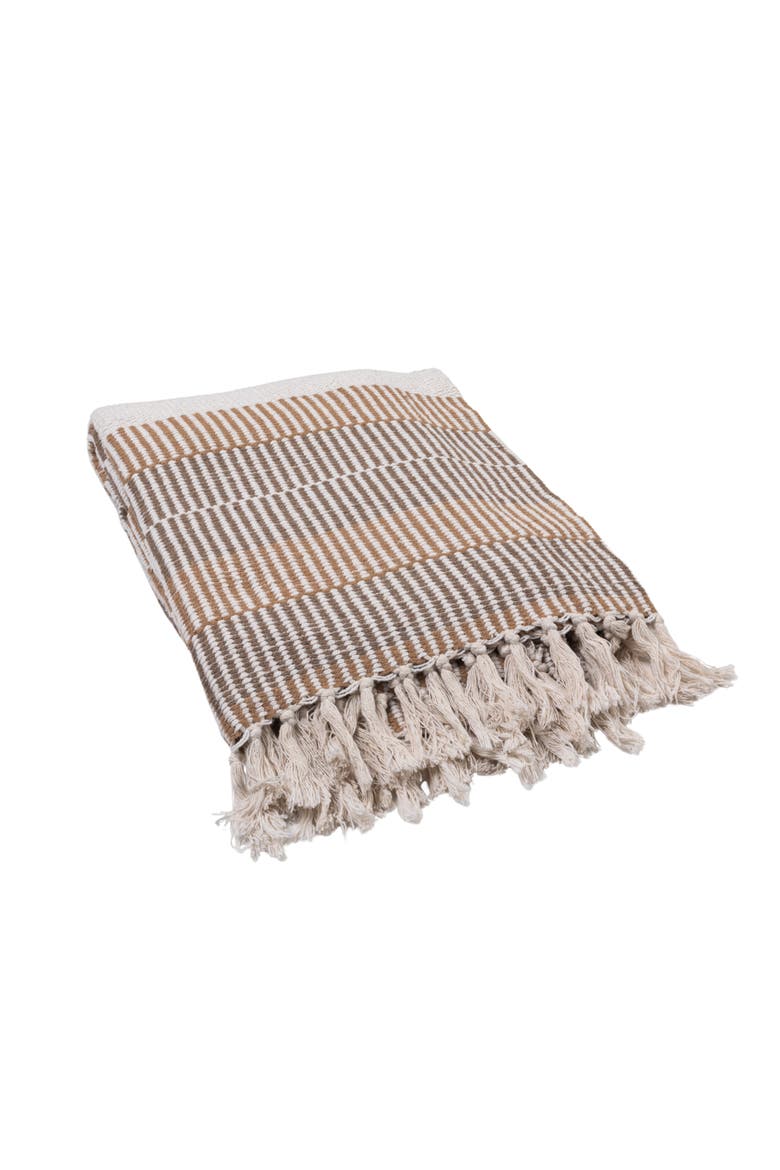 Woven Cotton Blend Throw with Stripes and Fringe, Multicolor, Main, color, Beige