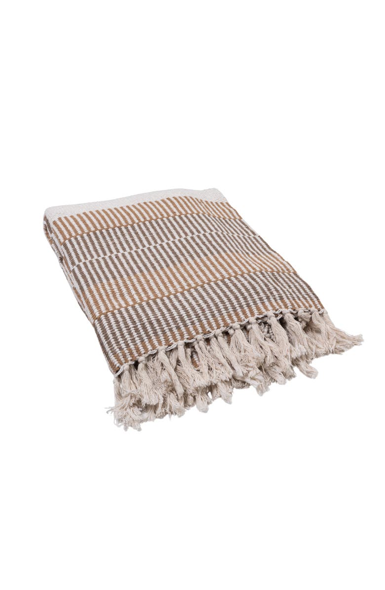 Storied Home Woven Cotton Blend Throw with Stripes and Fringe, Multicolor, Main, color, Beige