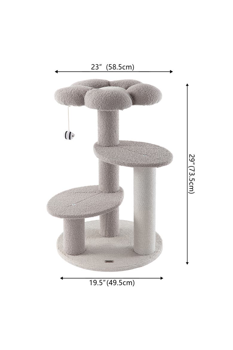 Poppy 3-Tier Modern Jute Flower Cat Tree with Dangling Toy, Alternate, color, Grey/White