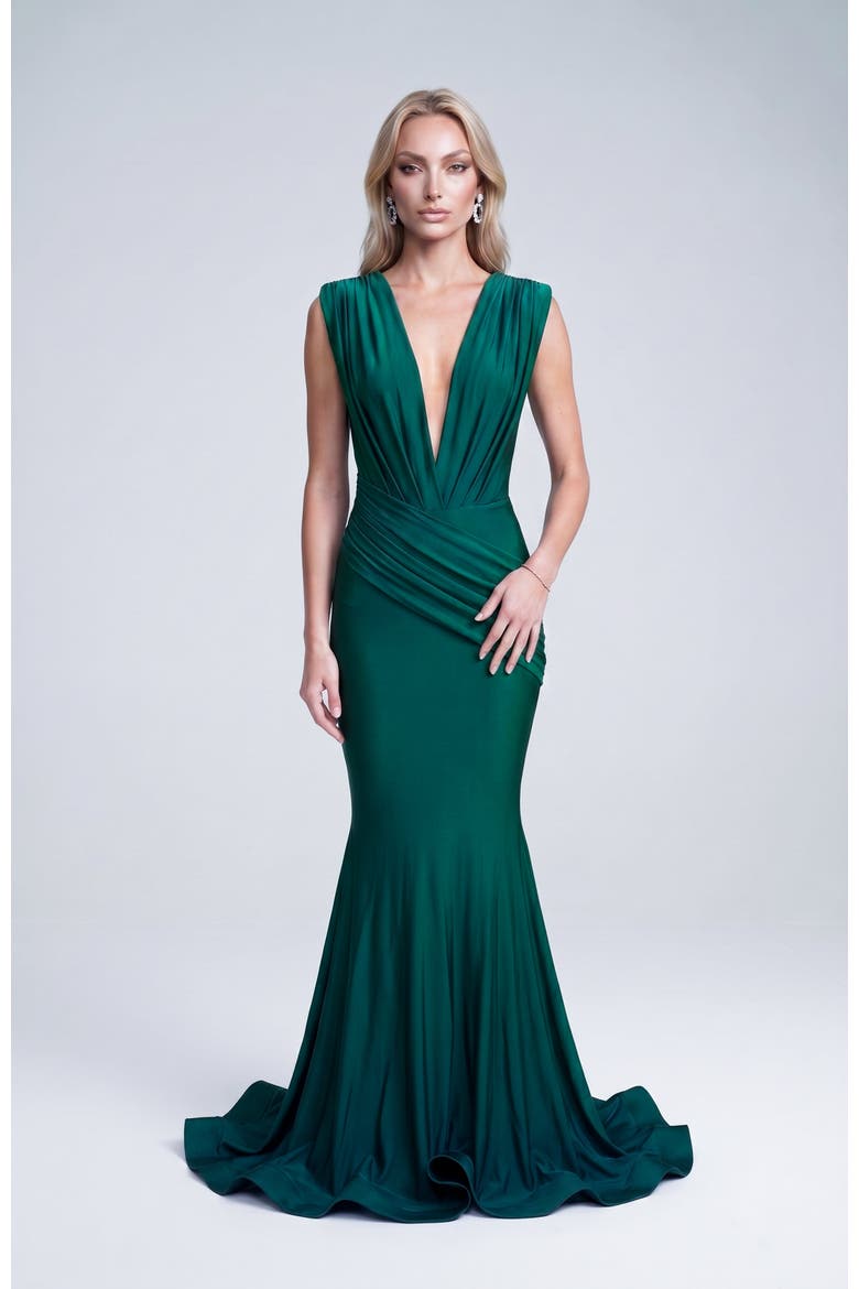 Ruched Plunge Pleated Sleeveless Mermaid Gown, Alternate, color, Forest Green