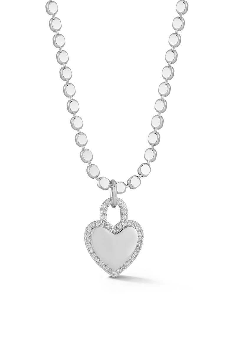 GLAZE JEWELRY Pavé Cubic Zirconia Heart Lock Pendant Necklace, Main, color, Silver