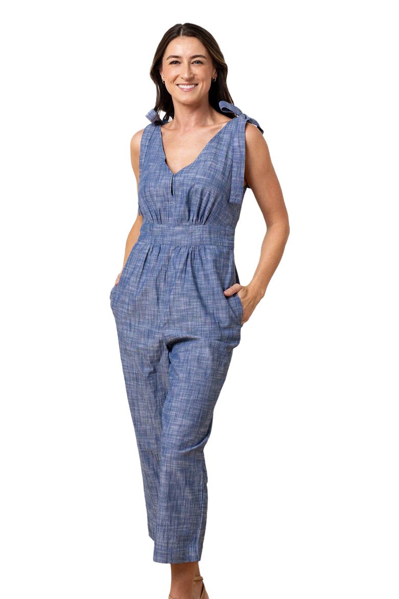 Women's Organic Bow Shoulder Jumpsuit, Main, color, Blue Chambray