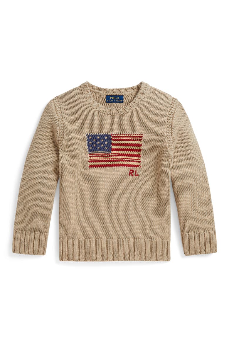 Kids' American Flag Cotton Crewneck Sweater, Main, color, OATMEAL