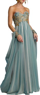 Mac Duggal Strapless Floral Embroidered Chiffon Gown