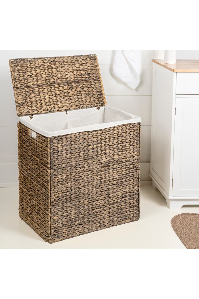 Sawyer Classic Farmhouse Hand-Woven Hyacinth 2-Section Collapsible Laundry Hamper with Washable Liner, Handles, and Lid, Main, color, Brown