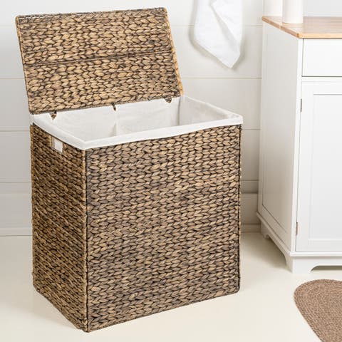 Sawyer Classic Farmhouse Hand-Woven Hyacinth 2-Section Collapsible Laundry Hamper with Washable Liner, Handles, and Lid