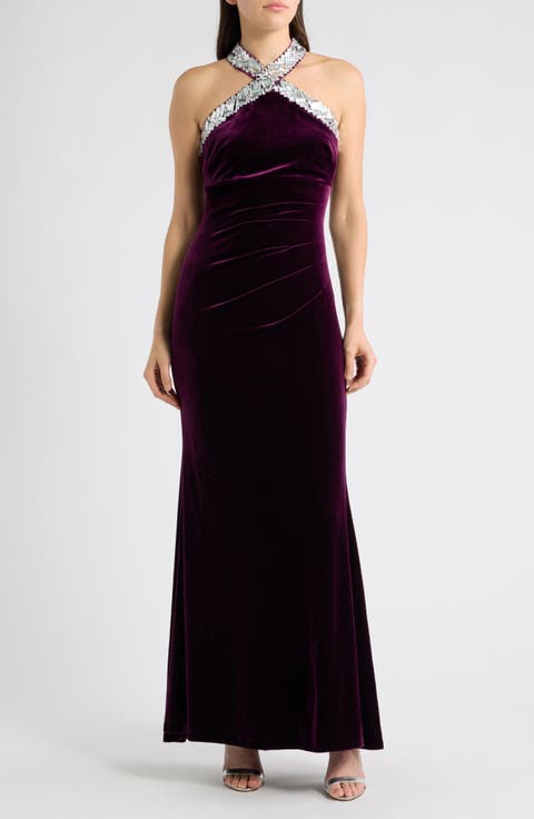 Rhinestone Detail Velvet Sheath Gown