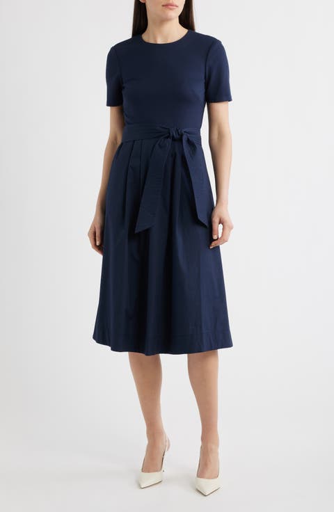 Jewel Neck Tie Waist Midi Dress