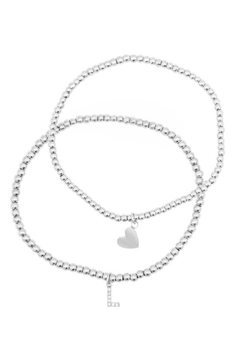 Set of 2 Initial & Heart Charm Stretch Bracelets