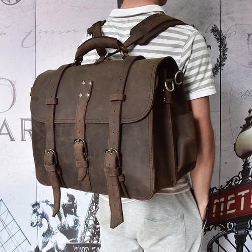 Steel Horse Leather The Gustav Messenger Bag | Large Capacity Vintage Leather Messenger Bag In Dark Brown