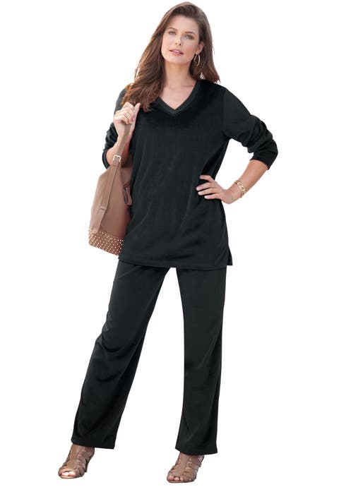 Plus Size Two Piece V Neck Velour Set