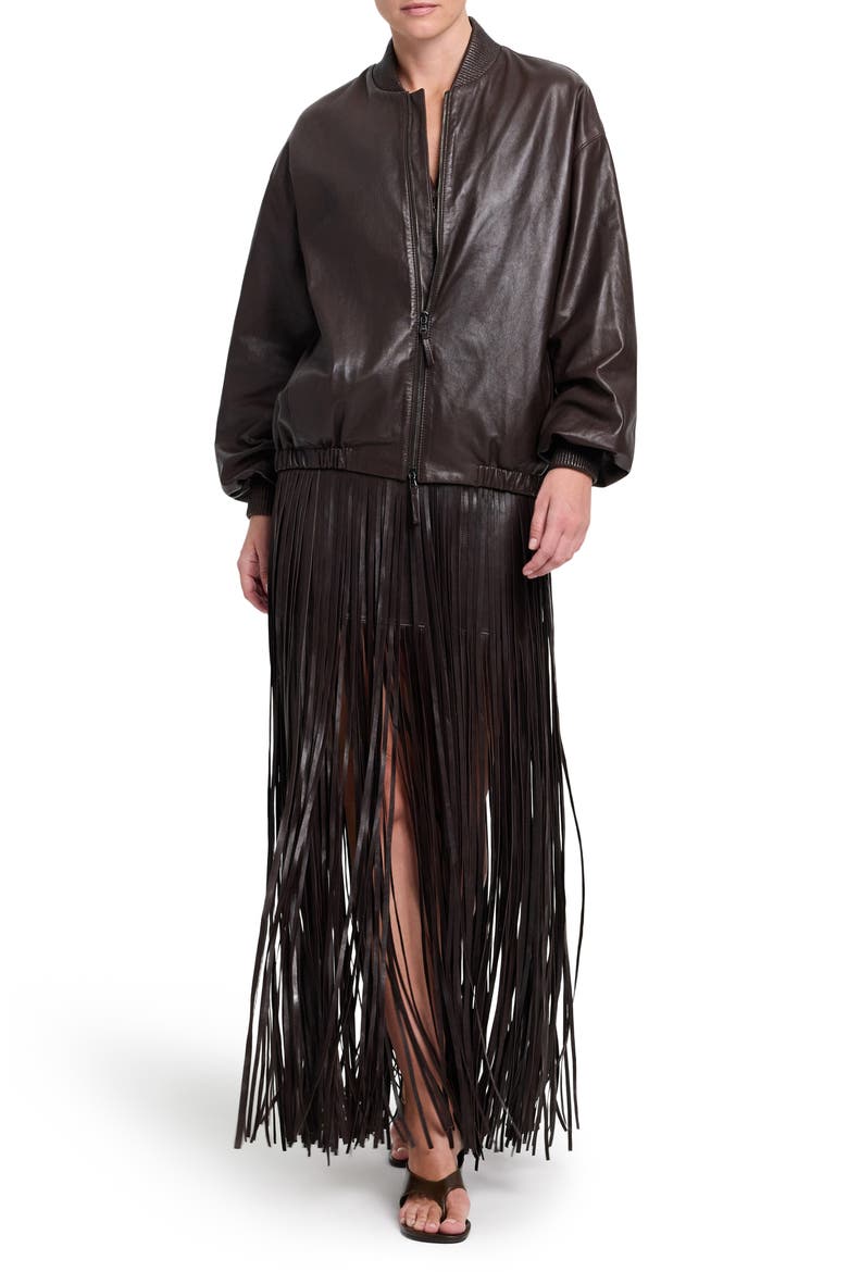 Bubble Hem Leather Bomber Jacket, Alternate, color, DARK CHOCOLATE