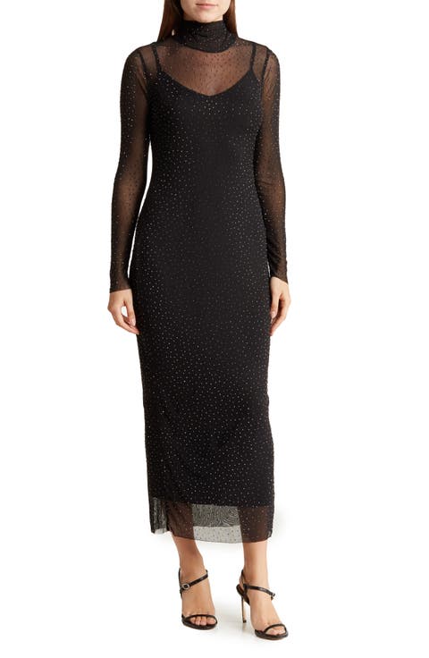 Marni Rhinestone Long Sleeve Mesh Midi Dress