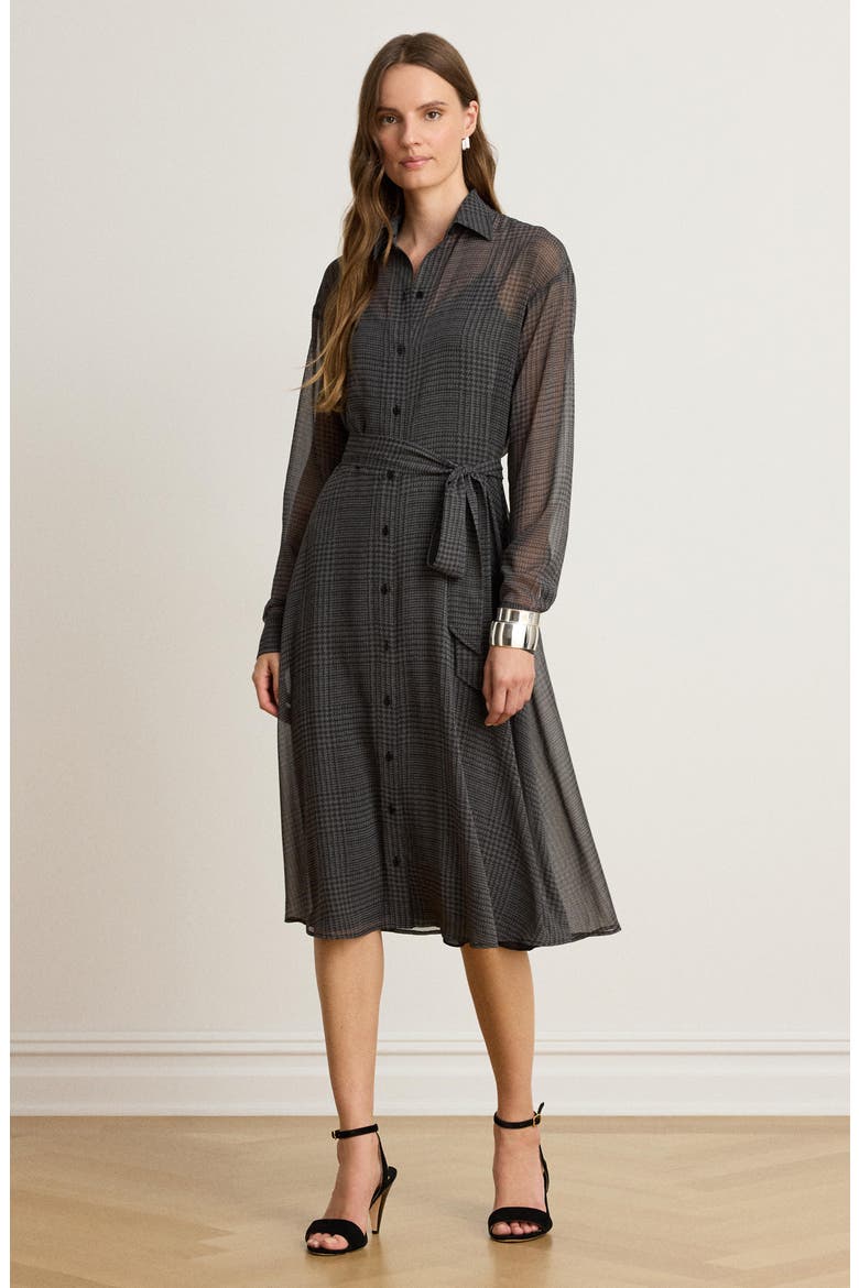 Plaid Belted Chiffon Midi Shirtdress, Alternate, color, GREY