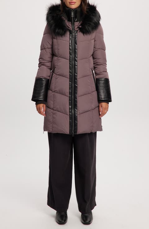 Priya Water Resistant Mixed Media Parka with Faux Fur Trim