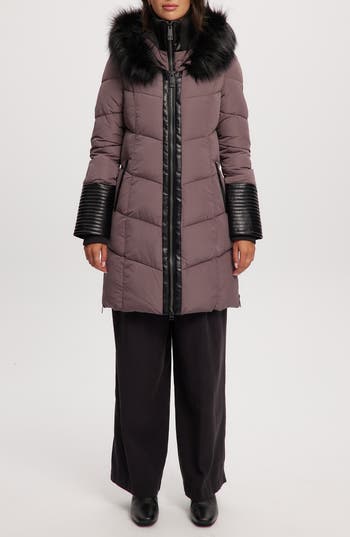 Noize Priya Water Resistant Mixed Media Parka With Faux Fur Trim In Plum