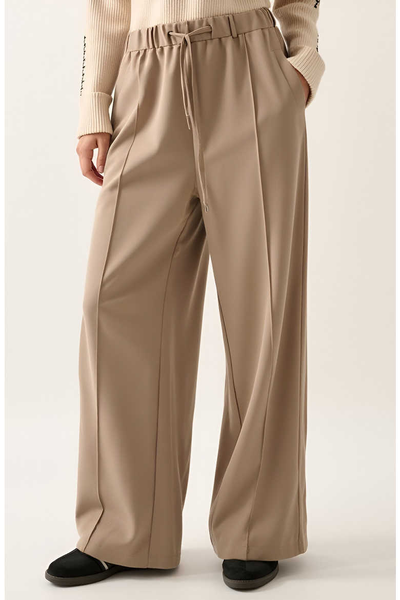 Wide-Leg Front-Seam Elastic Drawstring Waist Trousers, Main, color, Beige