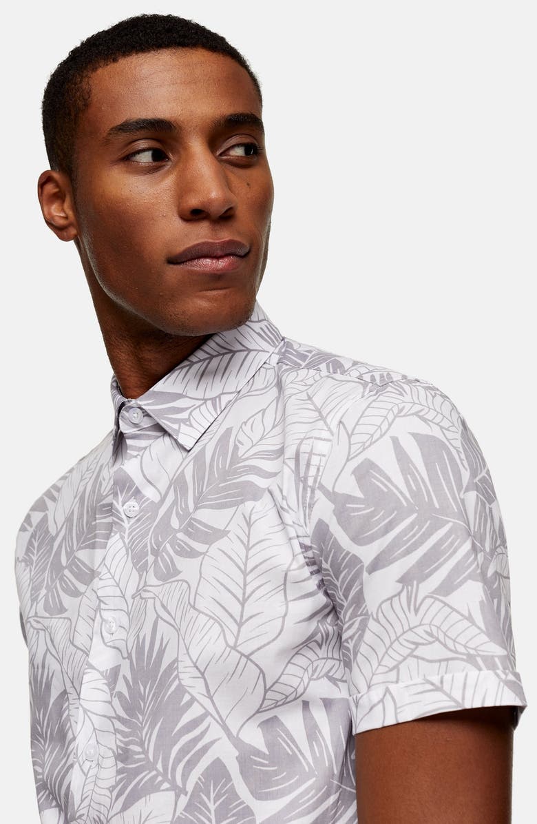 Topman Leaf Print Short Sleeve Button-Up Shirt, Alternate, color, 