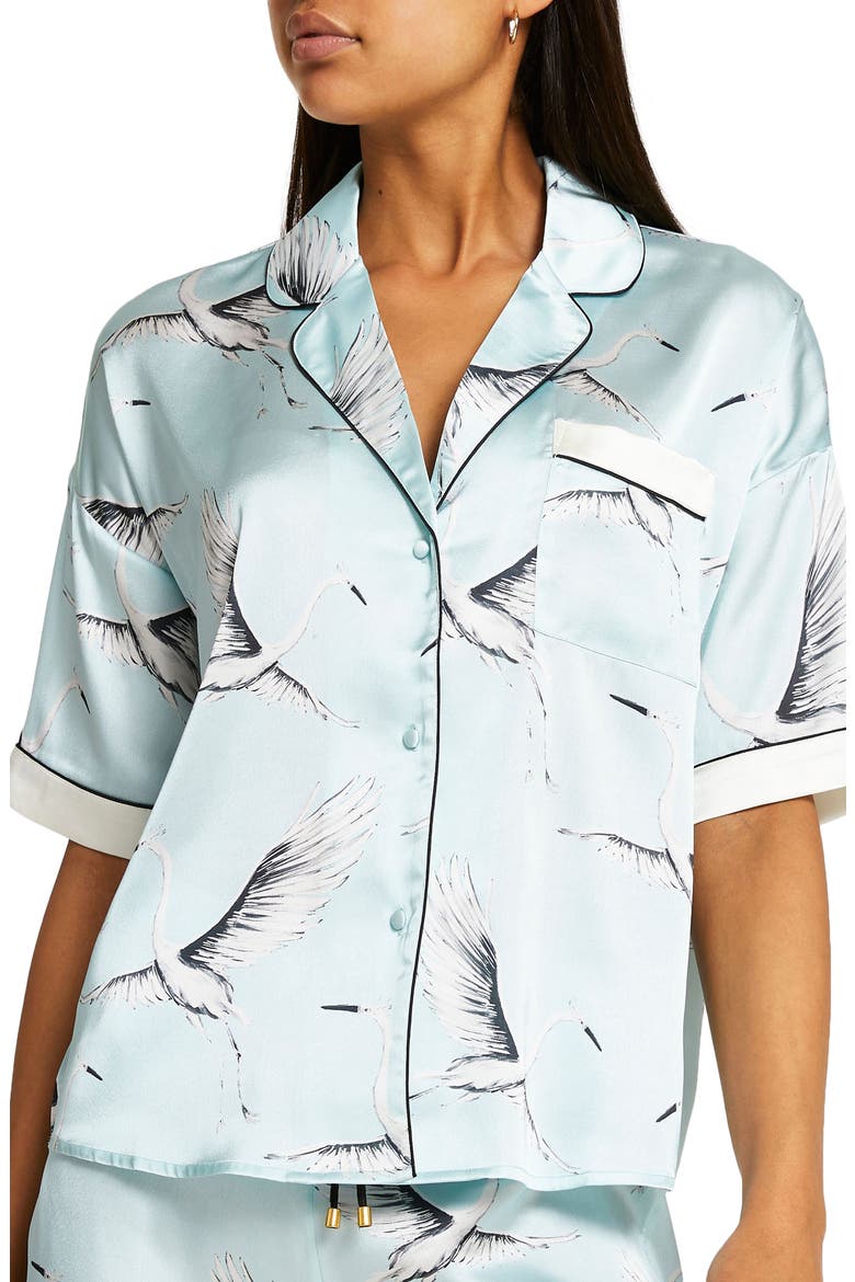 Bird Print Satin Pajama Top, Main, color, LIGHT BLUE