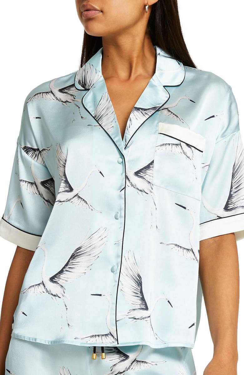 River Island Bird Print Satin Pajama Top, Main, color,
