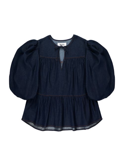 Ro&zo Denim Puff Sleeve Tie Neck Top In Blue
