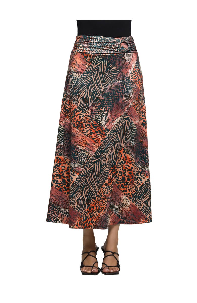 24seven Comfort Apparel Animal Patchwork Print Maxi Skirt, Main, color, Brown Multi