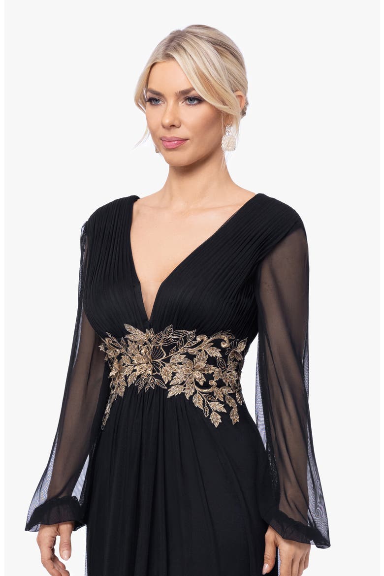 Metallic Floral Appliqué Long Sleeve Gown, Alternate, color, BLACK/ GOLD