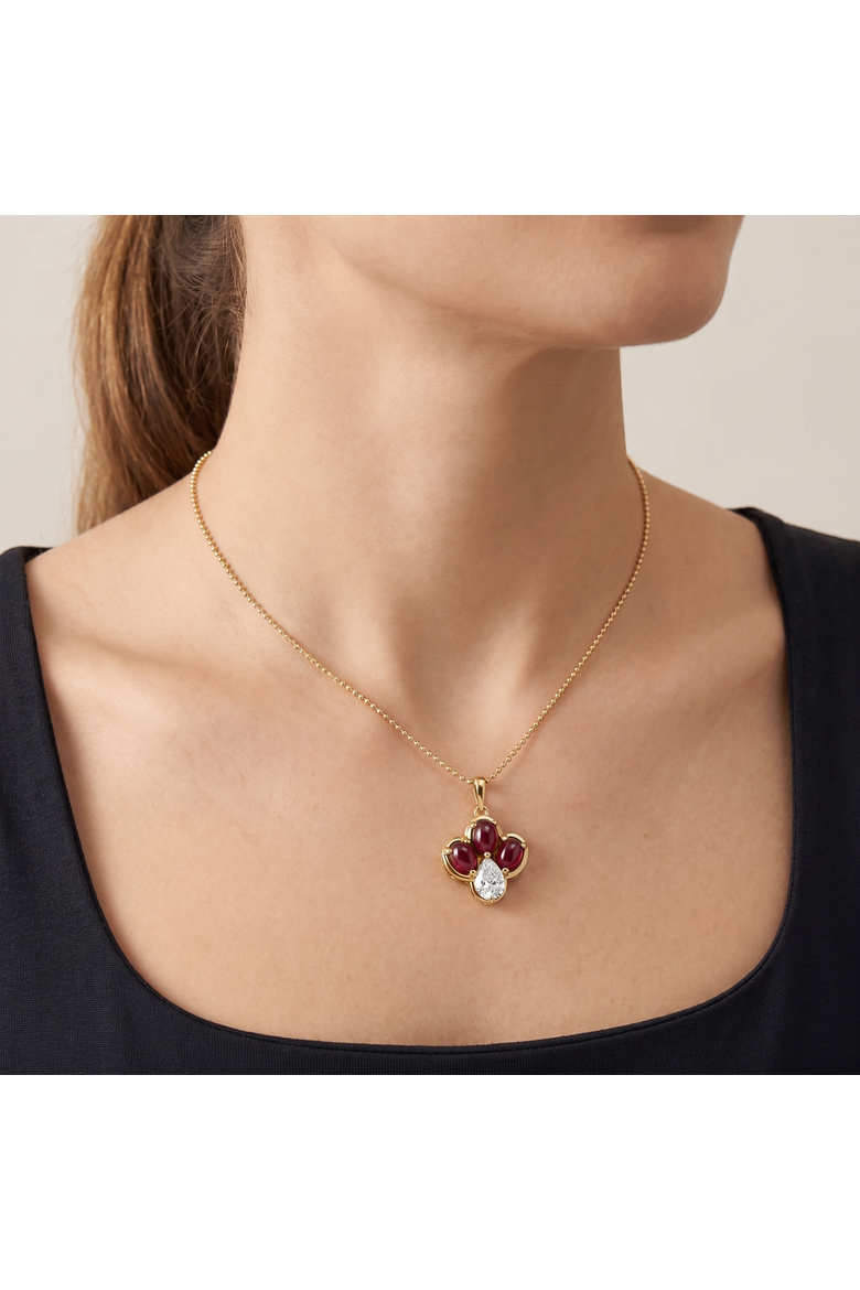 4Ct Pear Diamond & Cabachon Garnet Angelica Pendant 14k Gold Necklace Lab Grown, Alternate, color, Yellow Gold