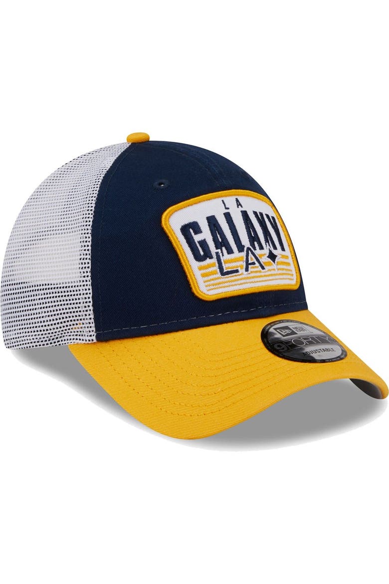 Men's New Era Navy/Gold LA Galaxy Patch 9FORTY Trucker Snapback Hat, Alternate, color, Navy