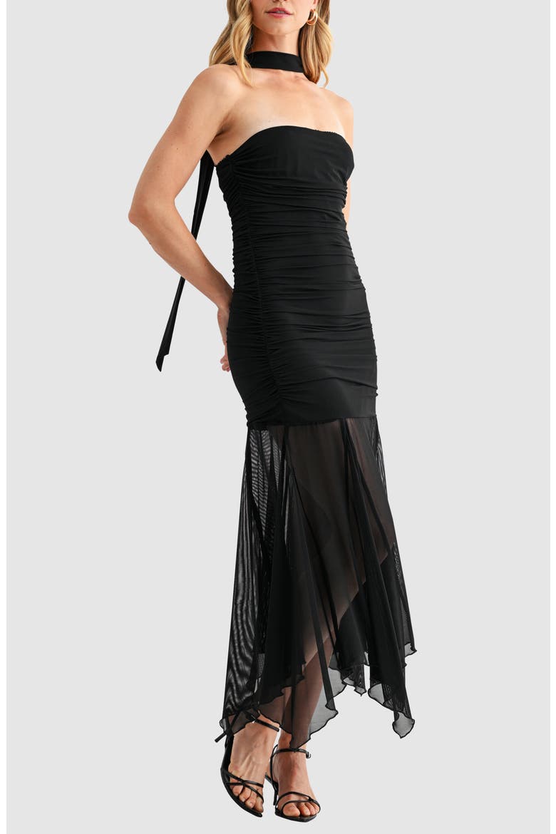 Ruched Drop Waist Midi Dress with Scarf, Alternate, color, BLACK