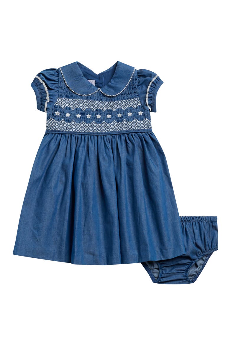 Smocked Cotton Denim Dress with Bloomers, Main, color, BLU