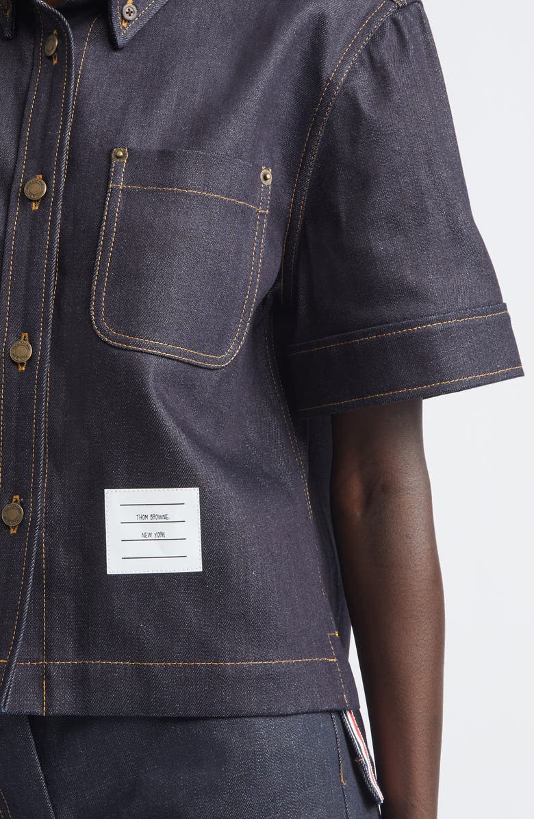 Thom Browne Short Sleeve Denim Button-Down Shirt, Alternate, color, Navy