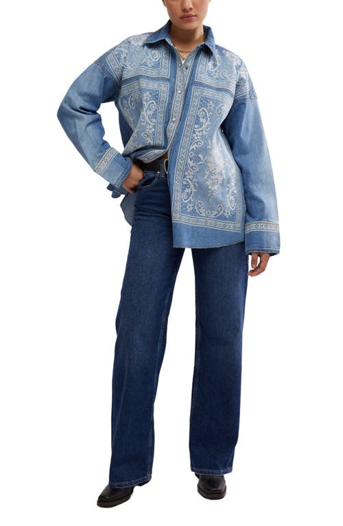 Shop Free People Embroidered Oversize Denim Snap-up Shirt In Med Rancher Wash