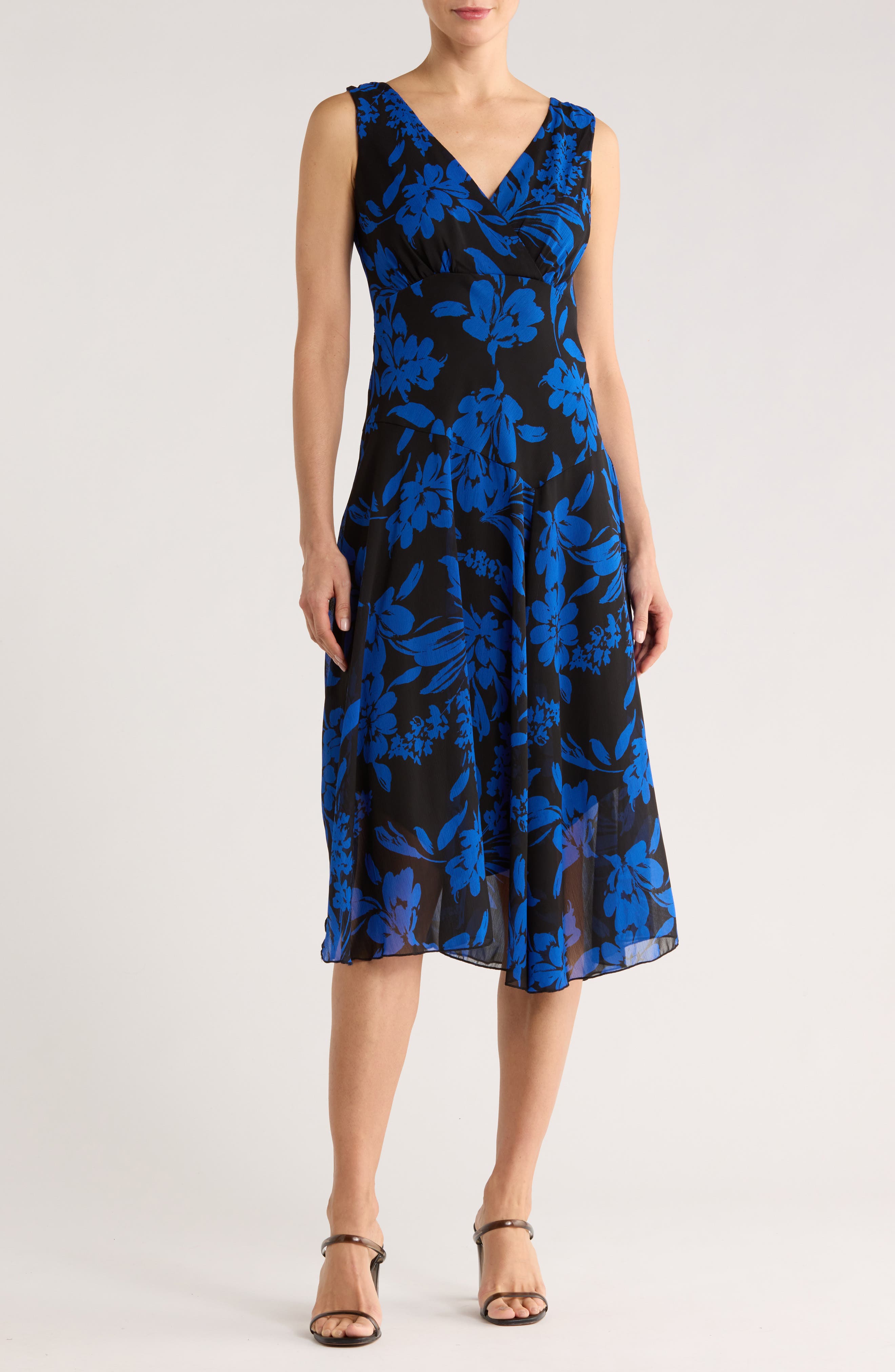 Connected Apparel Floral Asymmetric Hem Midi Dress