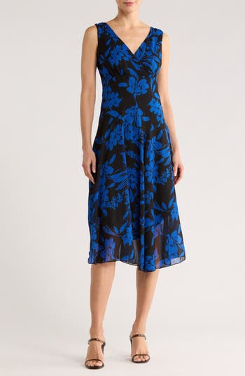 Connected Apparel Floral Asymmetric Hem Midi Dress In Blue