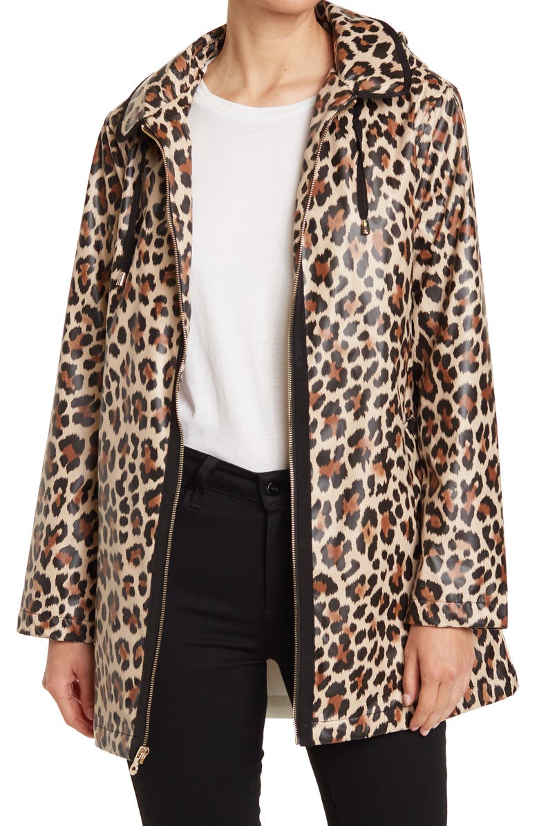 Kate Spade New York leopard print a-line rain jacket, Main, color, 