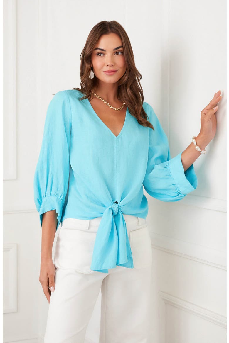 Tie Front Linen Top, Alternate, color, AQUA